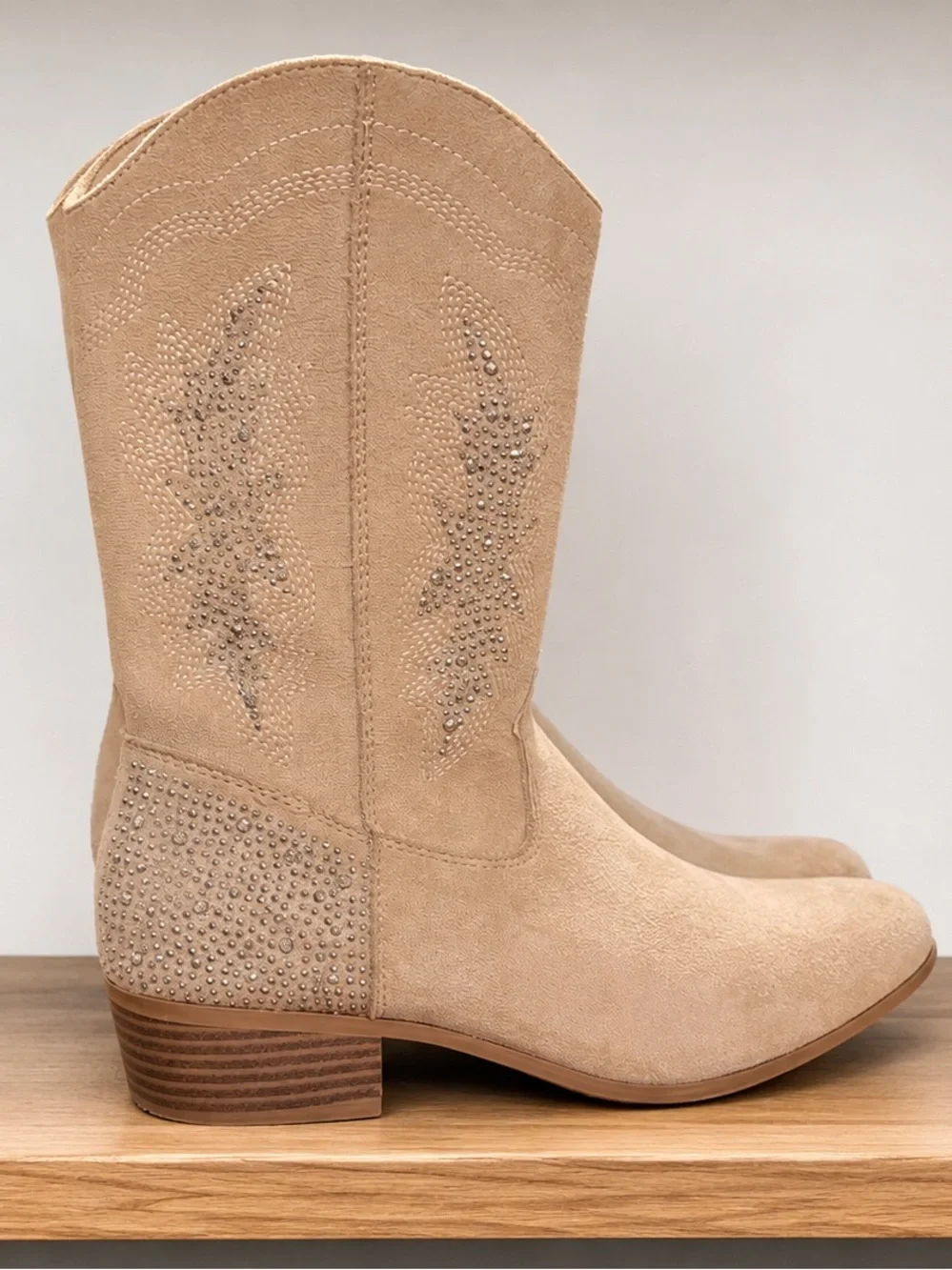 Girls Tan Western Ankle Boots with Stud Embellishments